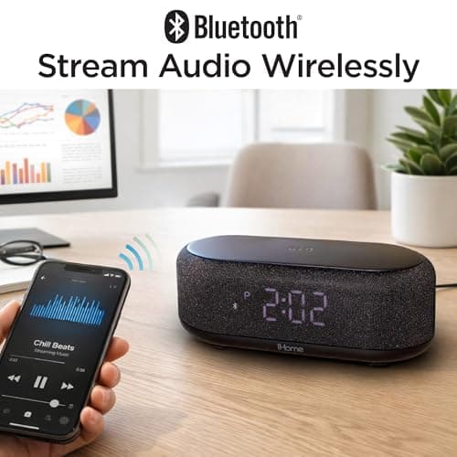 iHome Bluetooth Alarm Clock with Wireless Charger and USB Charging Station, Digital Alarm Clock for Bedrooms, Office, or Dorm (iBTW112) 5