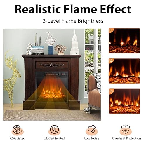 COSTWAY 32-inch Electric Fireplace with Mantel, 1400W Freestanding Fireplace Heater with Remote Control, Thermostat, 6H Timer, Adjustable 3D Flame Effect, Fireplace Mantel for Living Room, Brown 6