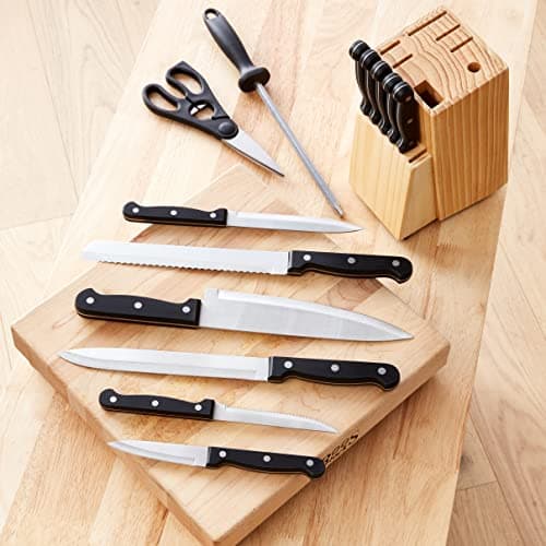 Amazon Basics 14-Piece High Carbon Stainless Steel Kitchen Knife Set with Full Tang Construction, Ergonomic Handles, Sharpener and Pinewood Block, Black 7
