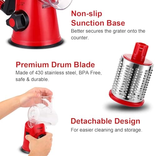 Geedel Rotary Cheese Grater, Kitchen Mandoline Vegetable Slicer with 3 Interchangeable Blades, Easy to Clean Grater for Fruit, Vegetables, Nuts 6