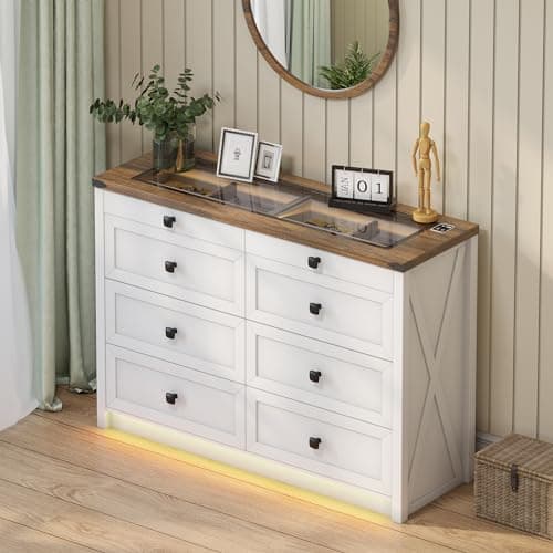 FREDEES Farmhouse Dresser for Bedroom with 8 Drawers, Wood Tall Chest of Drawers with LED Light/Charging Station/Human Sensor, Dressers Organizer for Closet, Living Room, Hallway, White