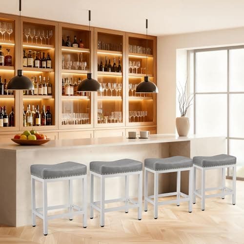 DUMOS Saddle Bar Stools Set of 4, 24 Inch Counter Height Stools with Curved PU Leather Surface, 3.7" Thick Upholstery Bar Height Stools with Footrest for Kitchen Island, Dining, Cafe, Gray 8