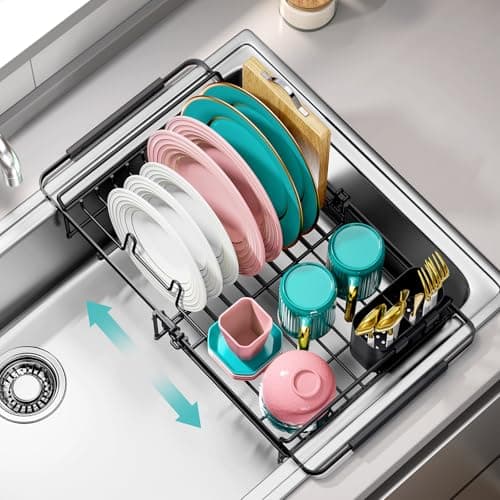 Urackify Expandable in Sink Dish Drying Rack - Adjustable Dish Rack Over Sink, Rustproof Dish Drainer for Kitchen Counter, Dish Strainer with Utensil Holder, Fit Kitchen for 13"-18"