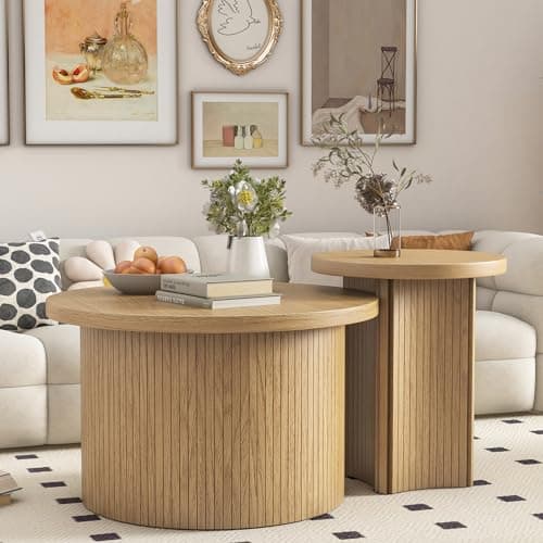 Mxtxmy Set of 2 Nesting Coffee Tables Farmhouse,Round Coffee Table Living Room,Wood Finish Coffee Table Set, Small Coffee Tables, Sofa Side Living Room Bedroom Coffee Side Table (Large Size - Set)