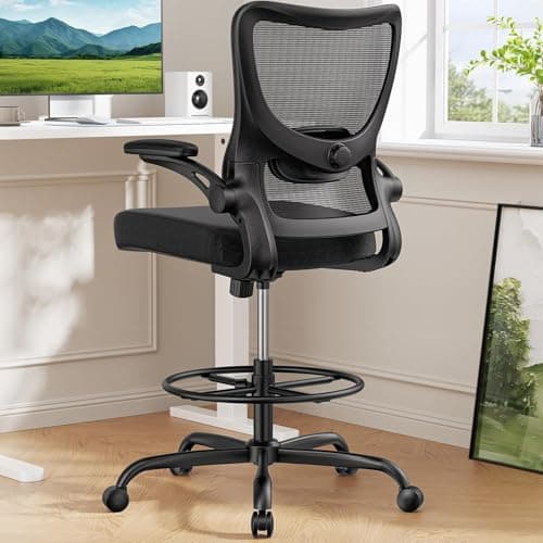 Marsail Drafting Chair, Tall Office Chair with 2D Lumbar Support, Standing Desk Chair with Padded Flip-Up Armrests & Adjustable Footrest Ring, Black
