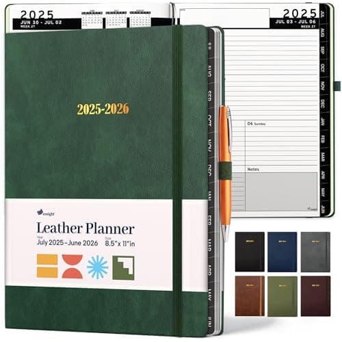Ensight 2025-2026 HARDCOVER Leather Planner Weekly & Monthly - 8.5x11 Inches - Academic Planner Business Personal or Student - Pen Holder, Thick Paper, July 2025 - June 2026 (Green)
