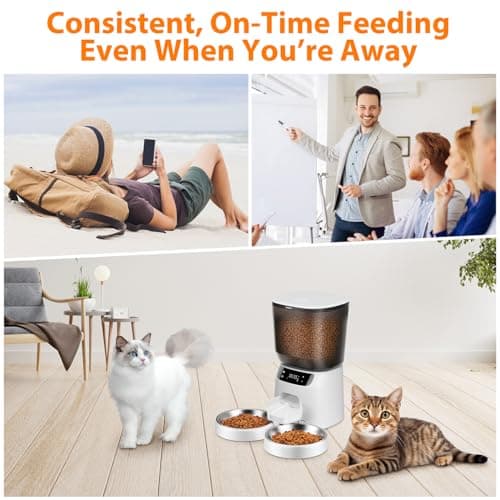 Automatic Cat Feeders for Two Cats, 5L/20 Cups Double Automatic Cat Food Dispenser with 2 Stainless Bowls, Timer Setting 20 Portions 6 Meals Per Day, 10s Meal Call, Pet Feeder for Dog 7