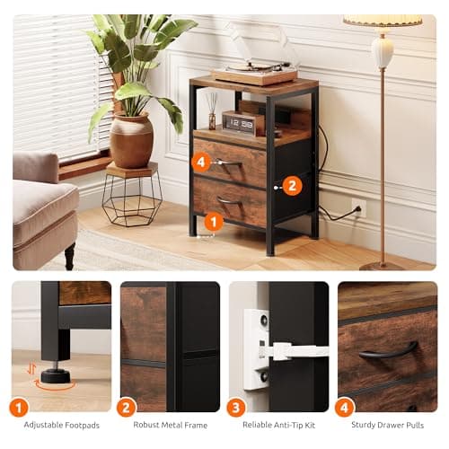 Lazzanto NightStand Bedside Charging Table Bedroom - Brown Night Stand with Charger Station, Modern Bed Side End Table with Open Shelf & 2 Fabric Drawers, USB-C Port for Dorm, Living Room 6