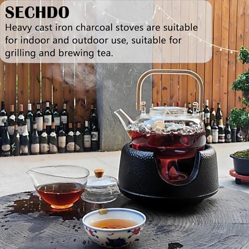 Cast Iron Teapot Warmer with Candle, Small Heavy Charcoal Stove for Tea Pot, Tea Kettle Warmer Set with Trivet, Barbecue Grill, ​Hibachi with 18/8 Stainless Steel Mesh 5