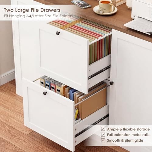 HIFIT 72'' Tall File Bookcase with Power Outlet & Printer Stand, 2 Drawer Filing Cabinets for Home Office Fit Hanging A4 File, Storage Cabinet w/ 3 Tier Open Book Shelf & Doors for Living Room, White 5