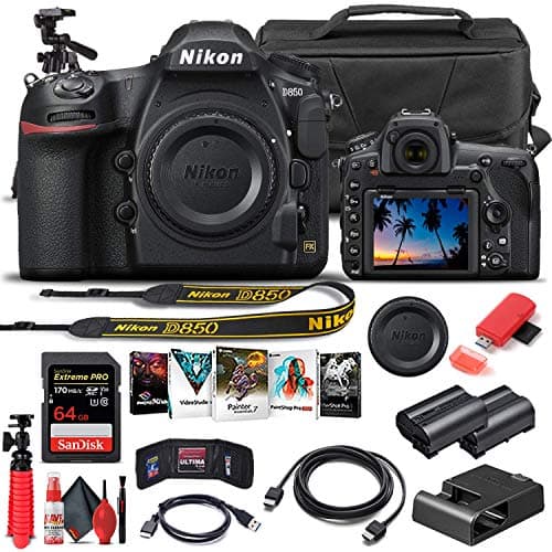 Nikon D850 DSLR Camera (Body Only) (1585) + 64GB Memory Card + Case + Corel Photo Software + EN-EL 15 Battery + HDMI Cable + Cleaning Set + Flex Tripod + More (International Model)