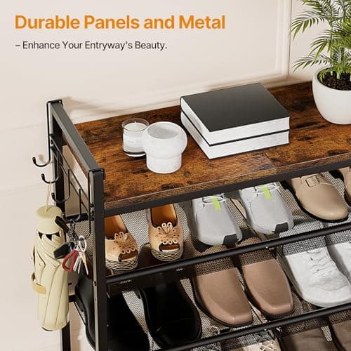 4 Tier Shoe Rack, Shoe Rack for Front Door Entrance with Hook, Shoe Organizer with Adjustable Mesh Shelves, Metal Shoe Rack for Entryway, Closet, Bedroom Living Room Garage 5