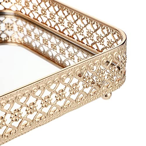 ELLDOO Perfume & Makeup Vanity Tray - Hollow-Carved Jewelry Storage, Glass & Metal Trinket Organizer for Dresser & Bathroom Countertop, Gold, Medium Size 9