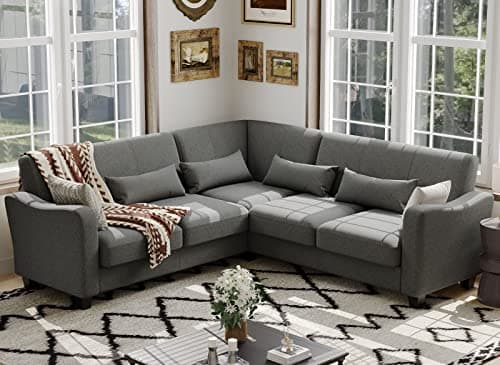 Belffin Fabric L Shaped Sectional Couch with Chaise - Solid Corner Sofa, Small L Couches, 5 Seater, Light Grey