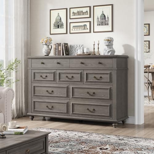Jocoevol Farmhouse Dresser for Bedroom 9 Drawer Dresser with Deep Drawers, Large Grey Big Double Wooden Chest of Drawers for Living Room, Hallway (Grey, 9 Drawer)