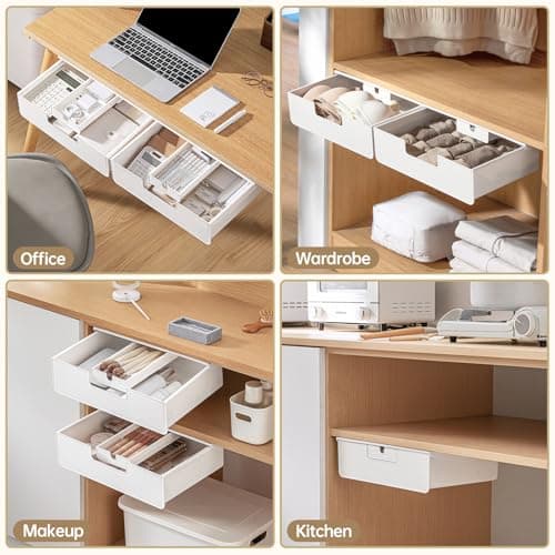 FRETONBA Under Desk Drawer Slide Out Hidden Under Table Storage, White Standing Under Desk Drawers Attachment with 2 Installation Methods (Screw/Adhesive), Large Under Cabinet Drawer for Office/Home 5
