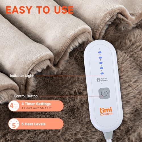 TiMiCalda Heated Blanket Electric Throw- 50"x60" Soft Thick Bubble Electric Blanket for Sofa with 5 Heat Levels & 4 Hours Auto-Off Overheat Protection, Warm Cozy Gifts, Beige 5