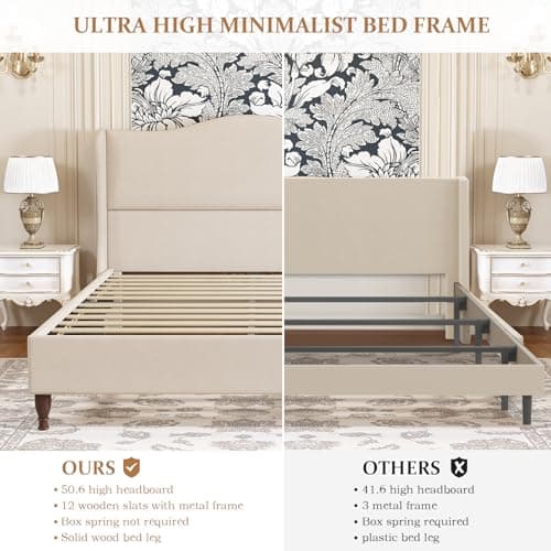 koorlian King Size Bed Frame Upholstered Platform Bed with 51" Tall Headboard Wingback, Soft Fabric, Retro Simple Style Platform Bed No Box Spring Needed, Easy Assembly, Beige 9