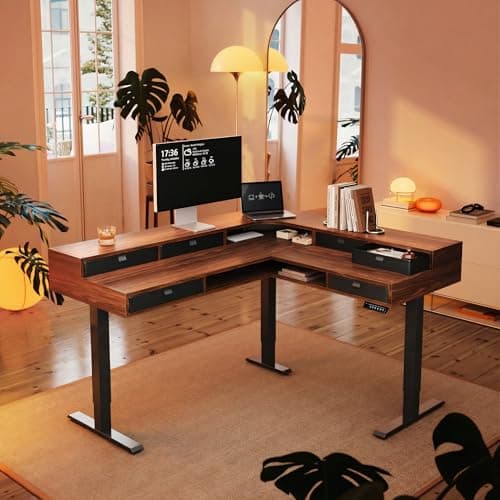 HUANUO 65.5" × 57.6" Electric L Shaped Standing Desk with 6 Storage Drawers, 2-Tier Corner Sit Stand Desk with Power Strip Tray & Cable Grommets, Height Adjustable Computer Gaming Table, Walnut