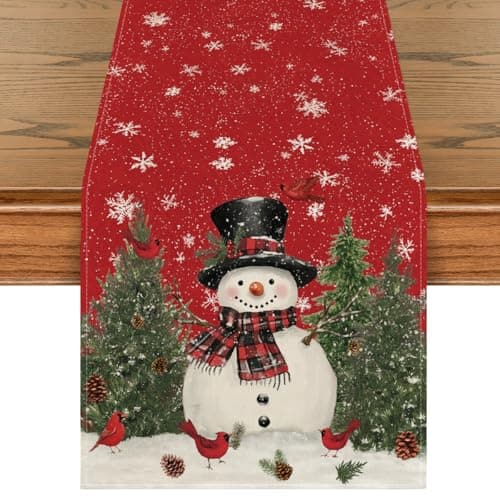 Artoid Mode Snowman Trees Snowflakes Christmas Table Runner, Seasonal Winter Xmas Holiday Kitchen Dining Table Decoration for Indoor Outdoor Home Party Decor 13 x 90 Inch
