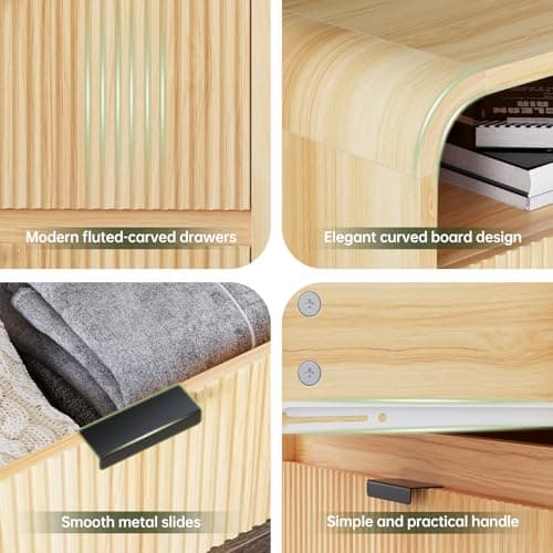 FURSUN 24" Fluted Nightstand with Charging Station, Wooden End Table with 2 Drawers Storage, Curved Profile Design, Modern Bedside Cabinet for Bedroom, Natural Oak 6