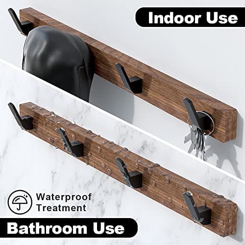 IURRDOP 17 Inch Walnut Wood Wall Mounted Coat Rack with 4 Black Hooks, Adhesive Mounted Entryway Hooks, Modern Natural Wooden Pegs for Hanging Coat Clothes Hat Bag Purse Key and Towel 4