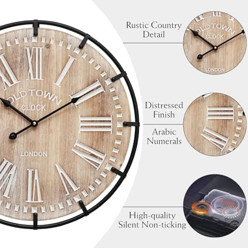 MICWIC 24 Inch Grand Farmhouse Wall Clock, Vintage-Inspired Wood & Metal Design with Large Etched Numbers, Silent Battery-Powered Timepiece for Offices, Kitchens, Bedrooms, and Living Rooms 5