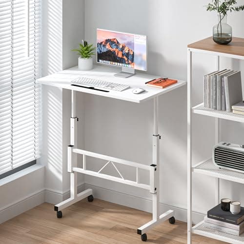 Klvied Small Standing Desk Adjustable Height, Mobile Table with Wheels, Portable Laptop Table, Standing Computer Desk for Walking Pad (White) 7