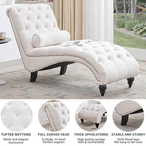 Iroomy Button-Tufted Chaise Lounge Indoor with Solid Wood Legs & Support Pillow, Upholstered Chaise Lounge Chair for Bedroom Living Room Office, Armless Rolled Backrest Leisure Sofa Recliner(Beige) 6