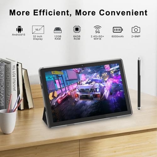 HOTTABLET Tablet 10-inch Android 15, RAM 12GB(4+8Expand) +ROM 64GB, 2+8MP Dual Camera, 6000mAh Battery (Tablet+case+Stylus)(Black) 5