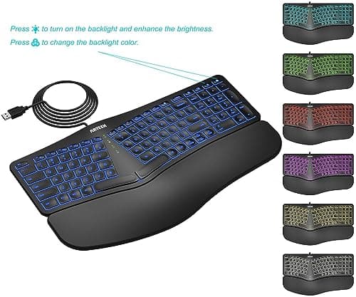 Arteck Ergonomic USB Wired Keyboard with Cushioned Wrist & Palm Rest, Backlit 7 Colors & Adjustable Brightness Comfortable Natural Split Keyboard with 6 Feet Wire for Windows Computer Desktop Laptop 6