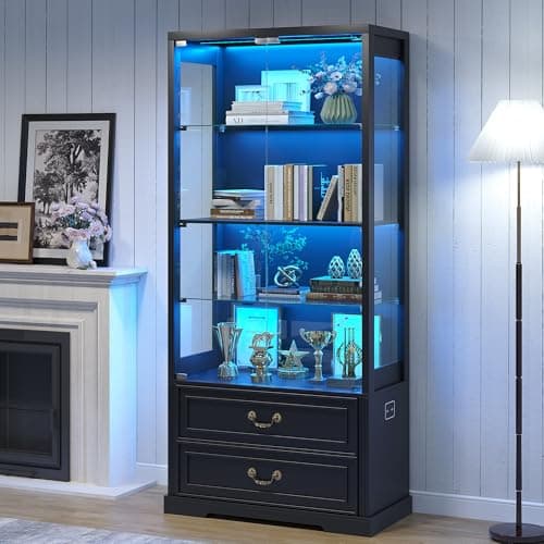 TAGELIER 67" Tall Display Cabinet with Glass Doors and 2 Drawers, Adjustable Glass Height Bookcase, Curio Cabinet with 3 LED Lights and Human Body Sensor (Black)