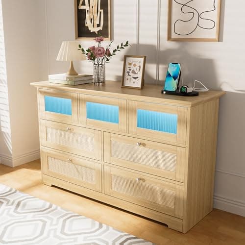 Yeyawomy Dresser for Bedroom, 7 Drawers Rattan Dresser with LED Light and Charging Station,Dressers & Chests of Drawers,Wooden Long Dresser for Bedroom and Living Room