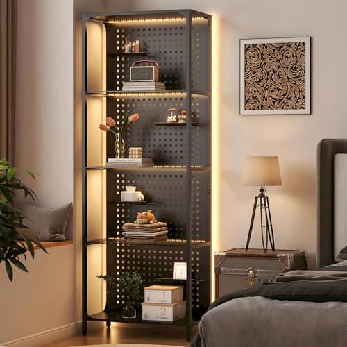 Saudism Glass Display Shelf for Collectibles, LED Black Shelf, Curio Cabinet, Lighted Tall Narrow Shelf with Pegboard Steel Frame for Gaming Room, Floor Lamp with Shelves, Living Room, Bedroom, Large 7