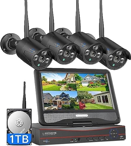 Hiseeu [16CH Expandable] 2.4G/5G Wireless Pro Security Camera System, 10.1" LCD 8MP Monitor, Wired Plug-in Powered 4Pcs 5MP Outdoor Indoor Cameras, One-Way Audio, Waterproof, Motion Detection, 1TB HDD