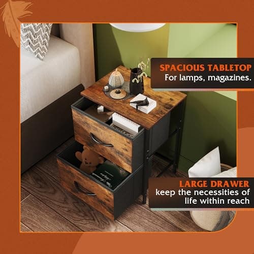 WLIVE Night Stand, Small Dresser with 2 Drawers & Wooden Top, Nightstand with Fabric Bins, Bedside Table End Table for Bedroom, Closet, Entryway, College Dorm, Rustic Brown 6