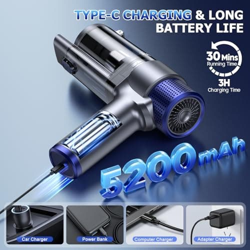 JONYJ Handheld Car Vacuum Cleaner Cordless, 16000PA Hand Held Vacuum Portable, 2 in 1 Air Duster and Mini Vacuum Cleaner Rechargeable with Led, Multi-Nozzles & Washable Filters for Home Office Car Pet 5