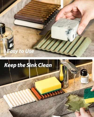 Zoeeker Soap Dish, Ceramic Soap Holder Bar Soap Saver Non-Slip Bathroom Accessories for Sponges, Scrubber, Razor, Green 6