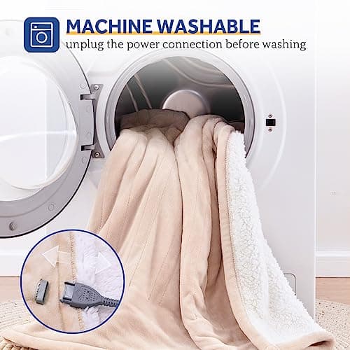 Sealy Electric Blanket with Foot Pocket for Adults, Flannel & Sherpa Heated Blanket Throw with 6 Heating Levels & 2-10 Hours Auto Shut Off, Fast Heating & Machine Washable, 50x62 Inch, Beige 7