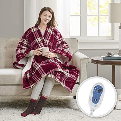 Comfort Spaces Plush to Sherpa Electric Blanket Shawl Shoulder, Neck Wrap with Matching Sock Set, Giftable Ultra Soft, Warm, Snuggle Fleece-Reversible Heated Poncho Throw, 50" W x 64" L, Red Plaid