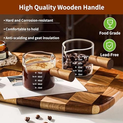 YARRAMATE 2.5 oz/75ML Espresso Shots Cup with Wood Handle, Clear Glass Espresso Measuring Cup with Dual Scale, Shot Glass with Single Spout, Dishwasher Safe 6