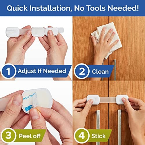 Child Safety Strap Locks (10 Pack) Baby Locks for Cabinets and Drawers, Toilet, Fridge & More. 3M Adhesive Pads. Easy Installation, No Drilling Required, White 5