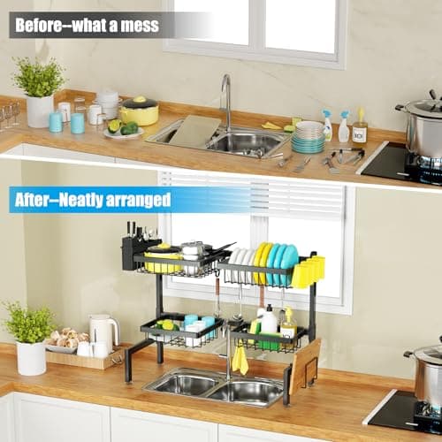 SNSLXH 4 Baskets 2-Tier Over The Sink Dish Drying Rack, 26.57"-35", Large Sink Rack for Kitchen, Extensible and Adjustable, Saving Kitchen Space 5