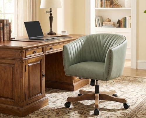 QUINJAY Green Faux Leather Home Office Desk Chair, Upholstered Barrel Swivel Adjustable Arm Desk Chair with Nailheads, Comfy Mid-Back Study Chair with Silent Wheel for Study Office Computer 7