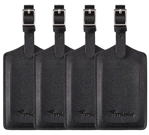 Travelambo 4 Pack Leather Luggage Tags for Suitcases Travel Tags Black