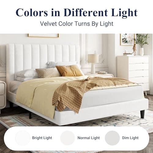 Allewie Full Bed Frame/Velvet Upholstered Bed Frame with Vertical Channel Tufted Headboard/Strong Wooden Slats/Platform Bed Frame/Mattress Foundation/Box Spring Optional/Easy Assembly/White 8
