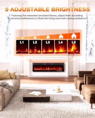 VISVEIL Electric Fireplace 60Inch,Wall Mounted Electric Fireplace Heater with Timer Inserts，TV Stand Touch Screen and Realistic Flame,Log Set,Crystal Flames 750 to 1500W，Remote for Living Room 6