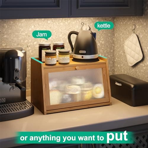 kiplant Bread Box for Kitchen Counter, Large Bamboo Bread Storage Container with Wavy Arcylic Door, Bamboo Wooden Farmhouse Bread Box for Your House (Natural, Medium) 5