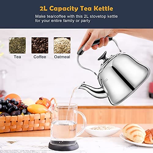 Tea Kettle Stovetop Whistling Teakettle ClassicTeapot Stainless Steel Tea Pots for Stove Top with Heat-resistant Folding Handle Mirror Finish, 2 liters 7