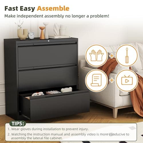 PIYAZEE Lateral File Cabinet, 3 Drawer Lateral File Cabinet with Lock, Metal Lateral Filing Cabinet for Home Office, Office Organization Cabinet for Letter/Legal/F4/A4 Size 8